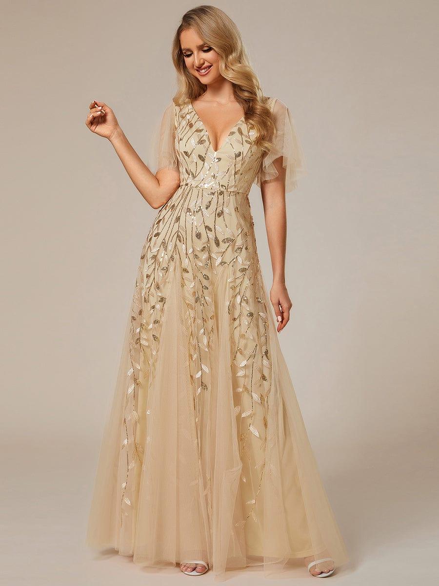 ASTRAL|Ruffle Sleeves Leaf Sequin Maxi Bridesmaid Dress
