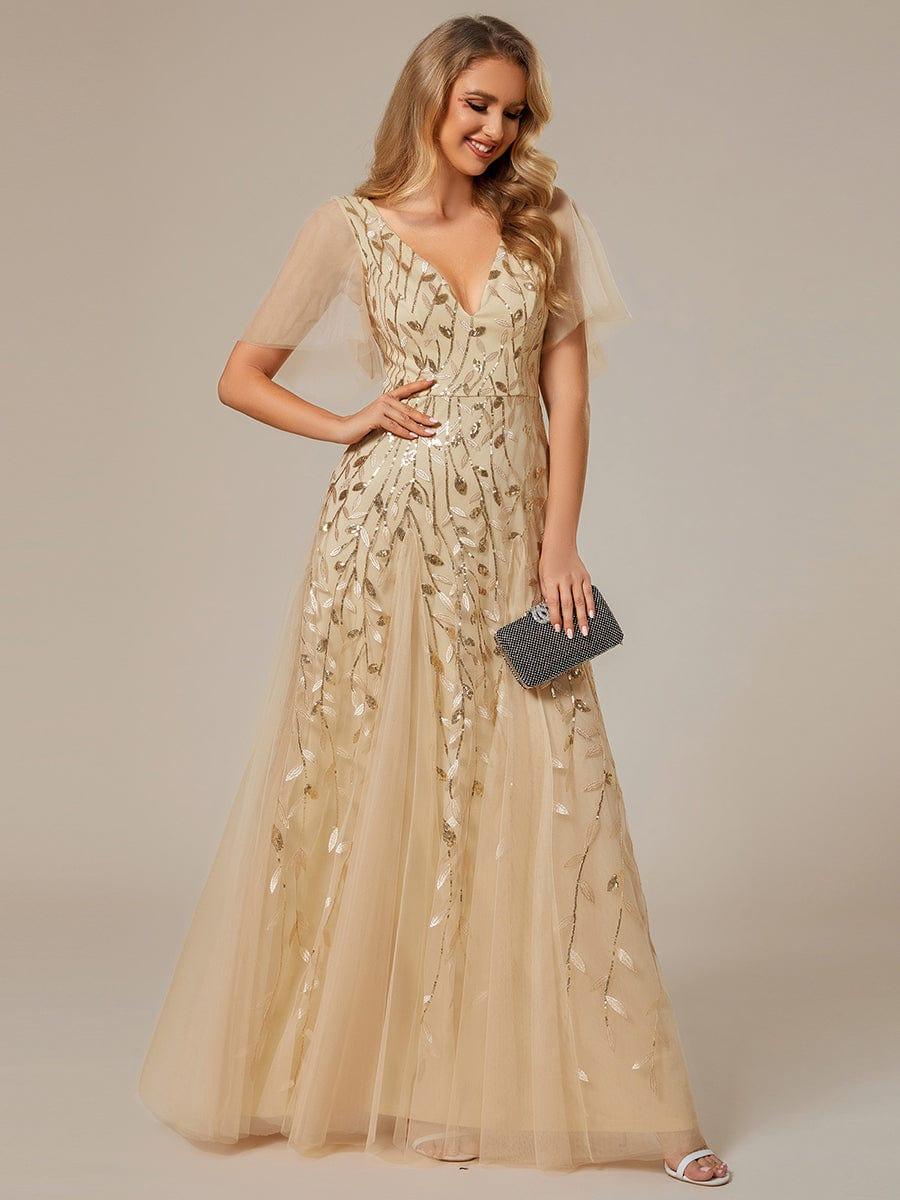 ASTRAL|Ruffle Sleeves Leaf Sequin Maxi Bridesmaid Dress