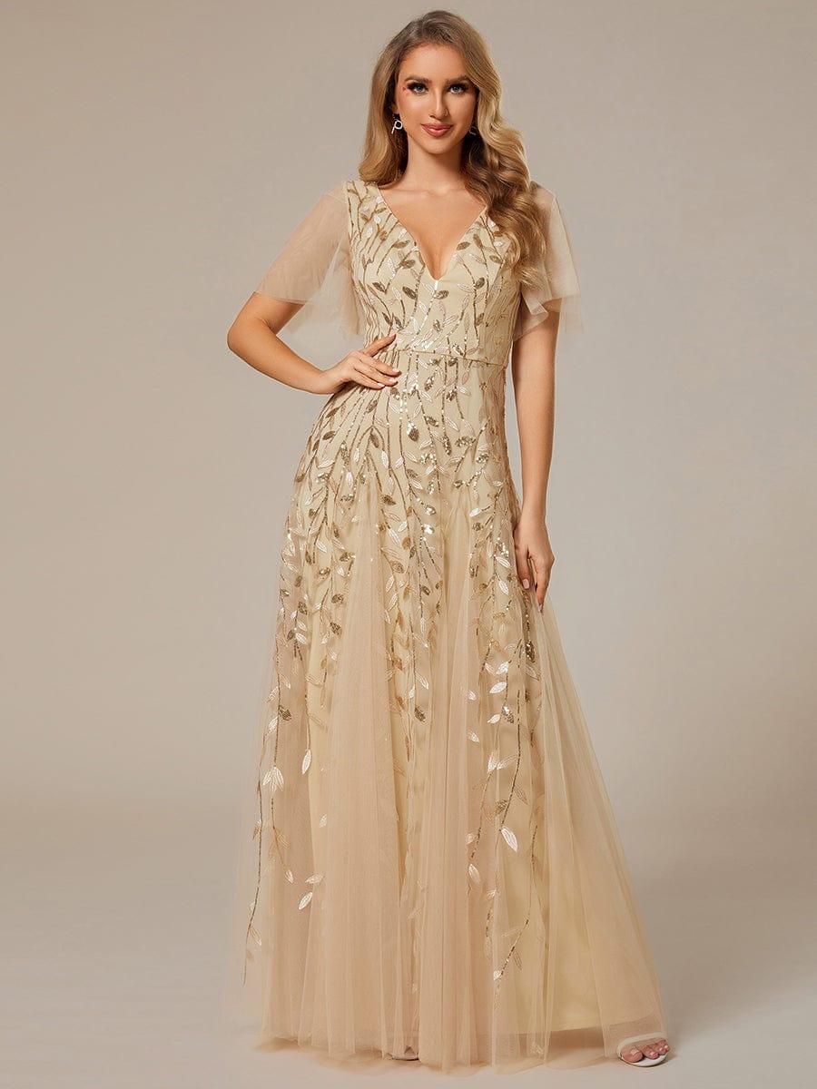 ASTRAL|Ruffle Sleeves Leaf Sequin Maxi Bridesmaid Dress