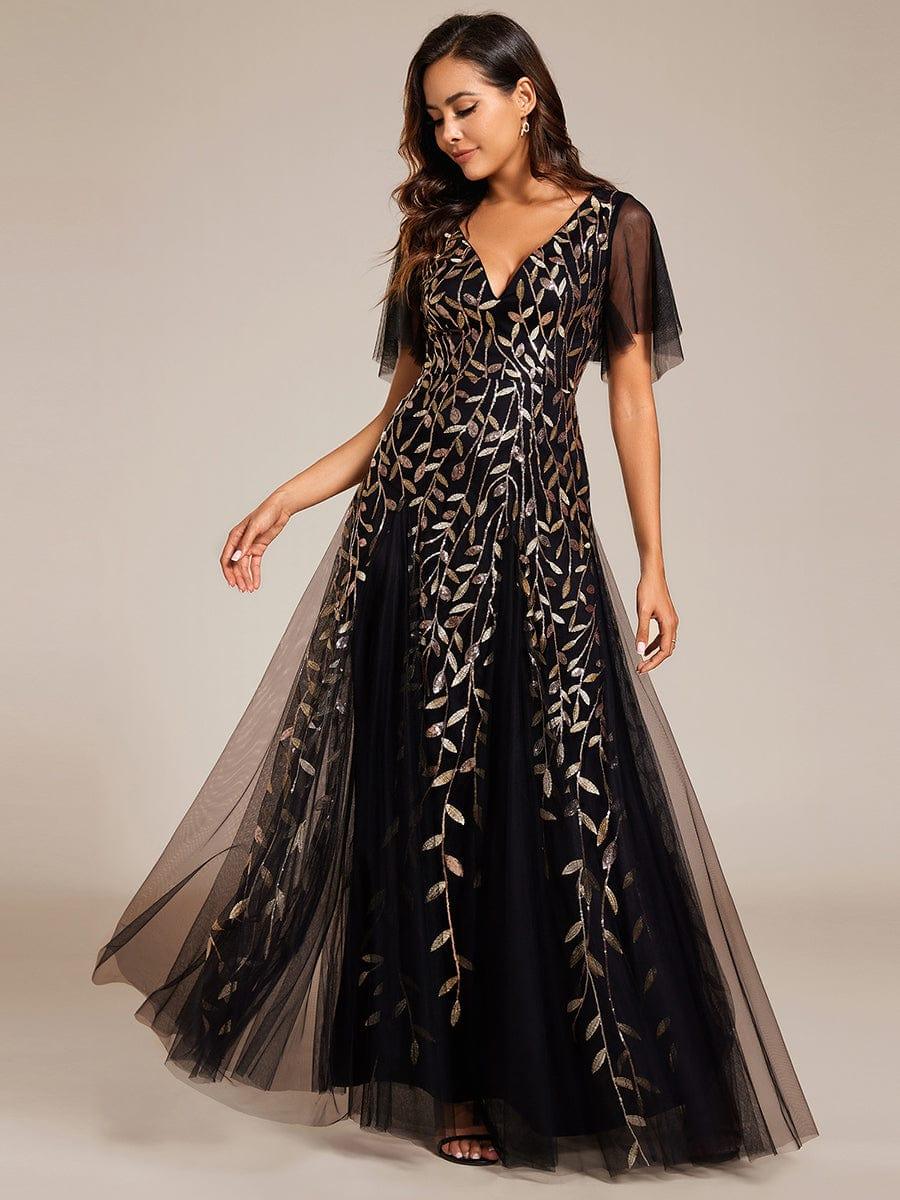 ASTRAL|Ruffle Sleeves Leaf Sequin Maxi Bridesmaid Dress
