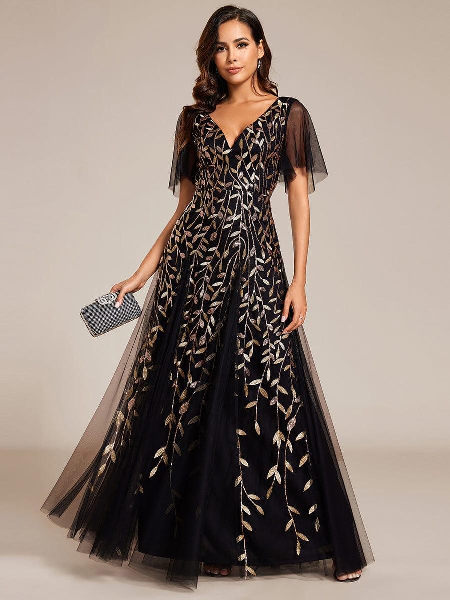 ASTRAL|Ruffle Sleeves Leaf Sequin Maxi Bridesmaid Dress