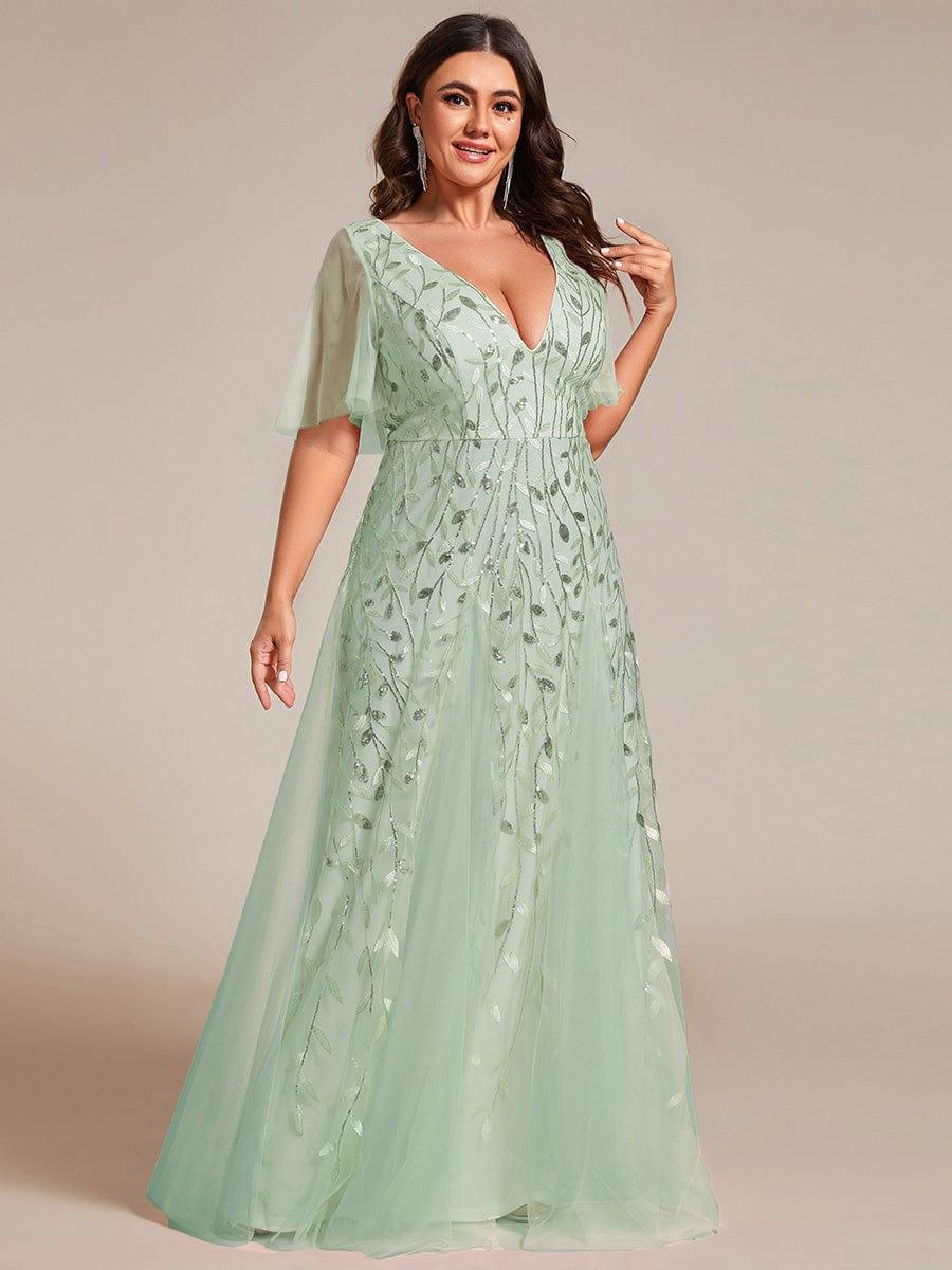 ASTRAL|Ruffle Sleeves Leaf Sequin Maxi Bridesmaid Dress