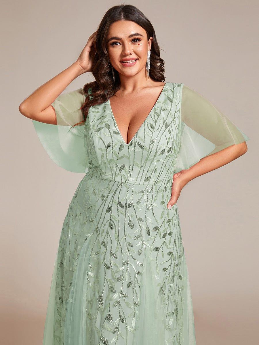 ASTRAL|Ruffle Sleeves Leaf Sequin Maxi Bridesmaid Dress