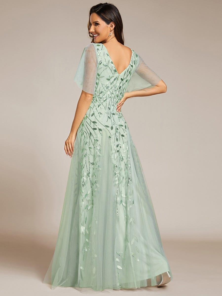 ASTRAL|Ruffle Sleeves Leaf Sequin Maxi Bridesmaid Dress