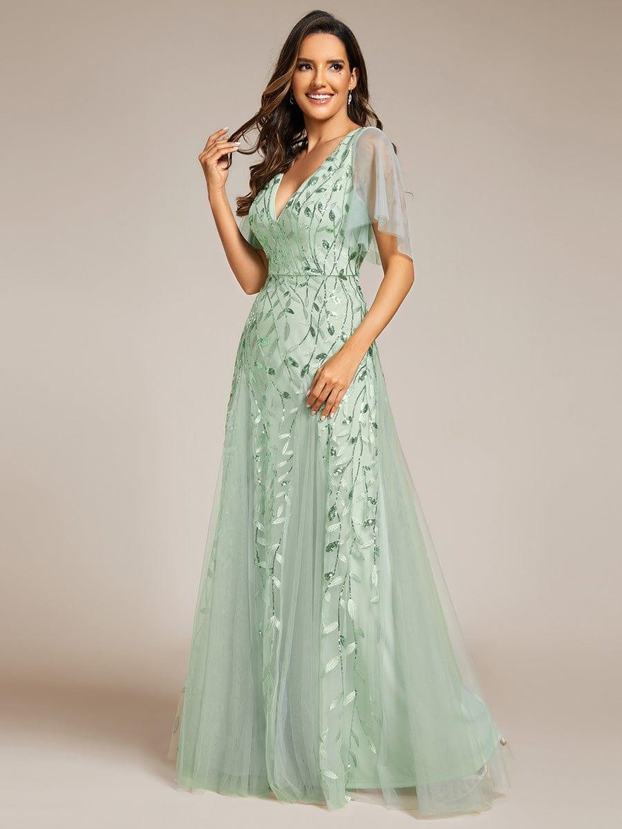 ASTRAL|Ruffle Sleeves Leaf Sequin Maxi Bridesmaid Dress
