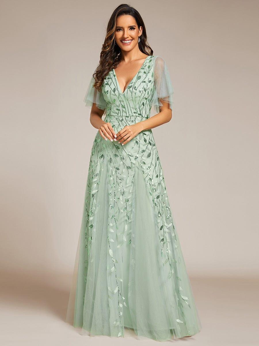 ASTRAL|Ruffle Sleeves Leaf Sequin Maxi Bridesmaid Dress