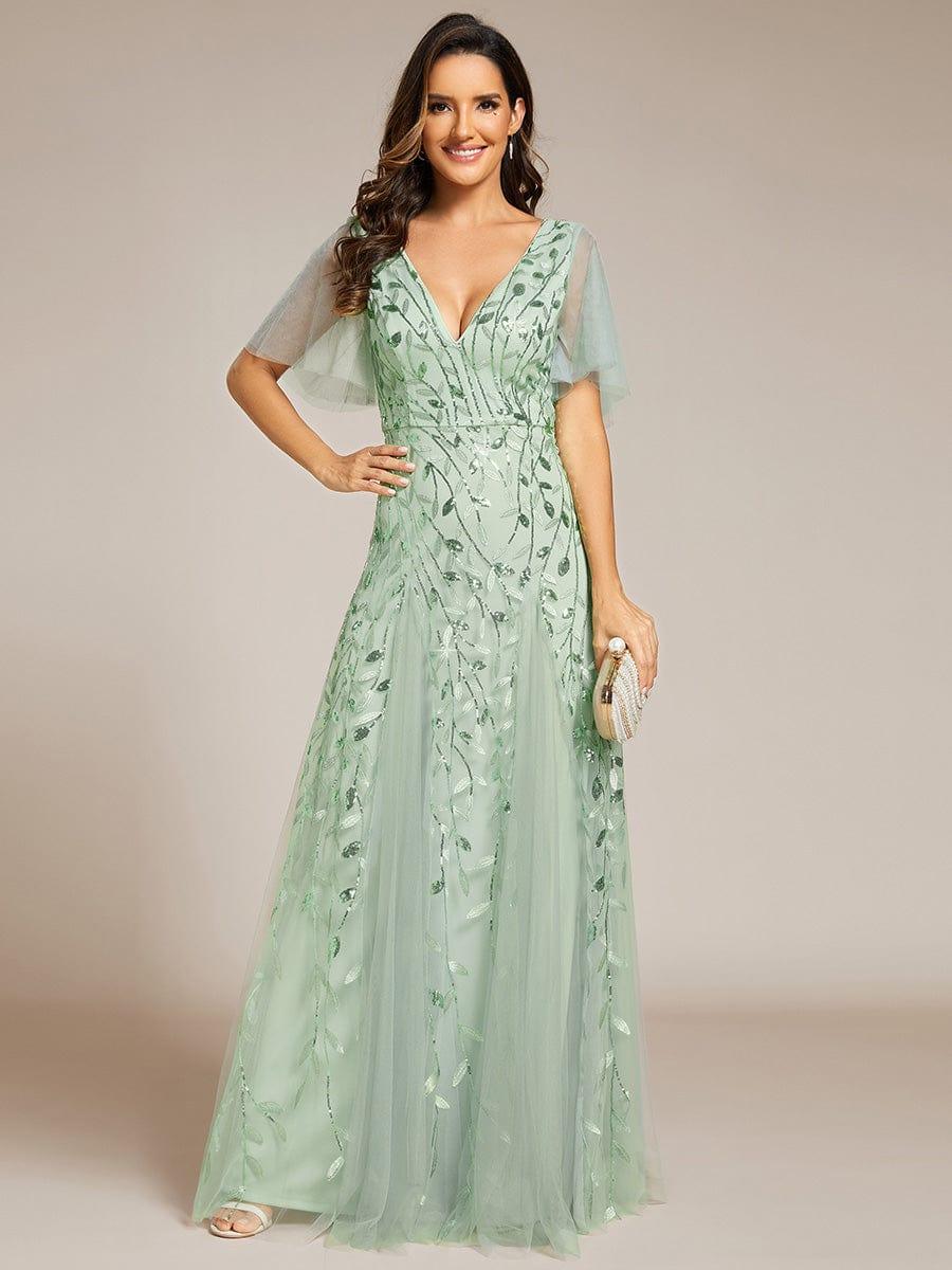 ASTRAL|Ruffle Sleeves Leaf Sequin Maxi Bridesmaid Dress