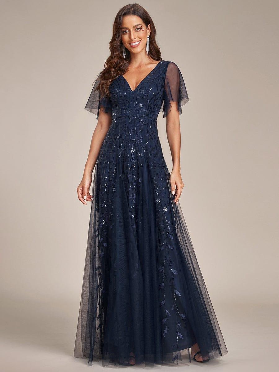 ASTRAL|Ruffle Sleeves Leaf Sequin Maxi Bridesmaid Dress