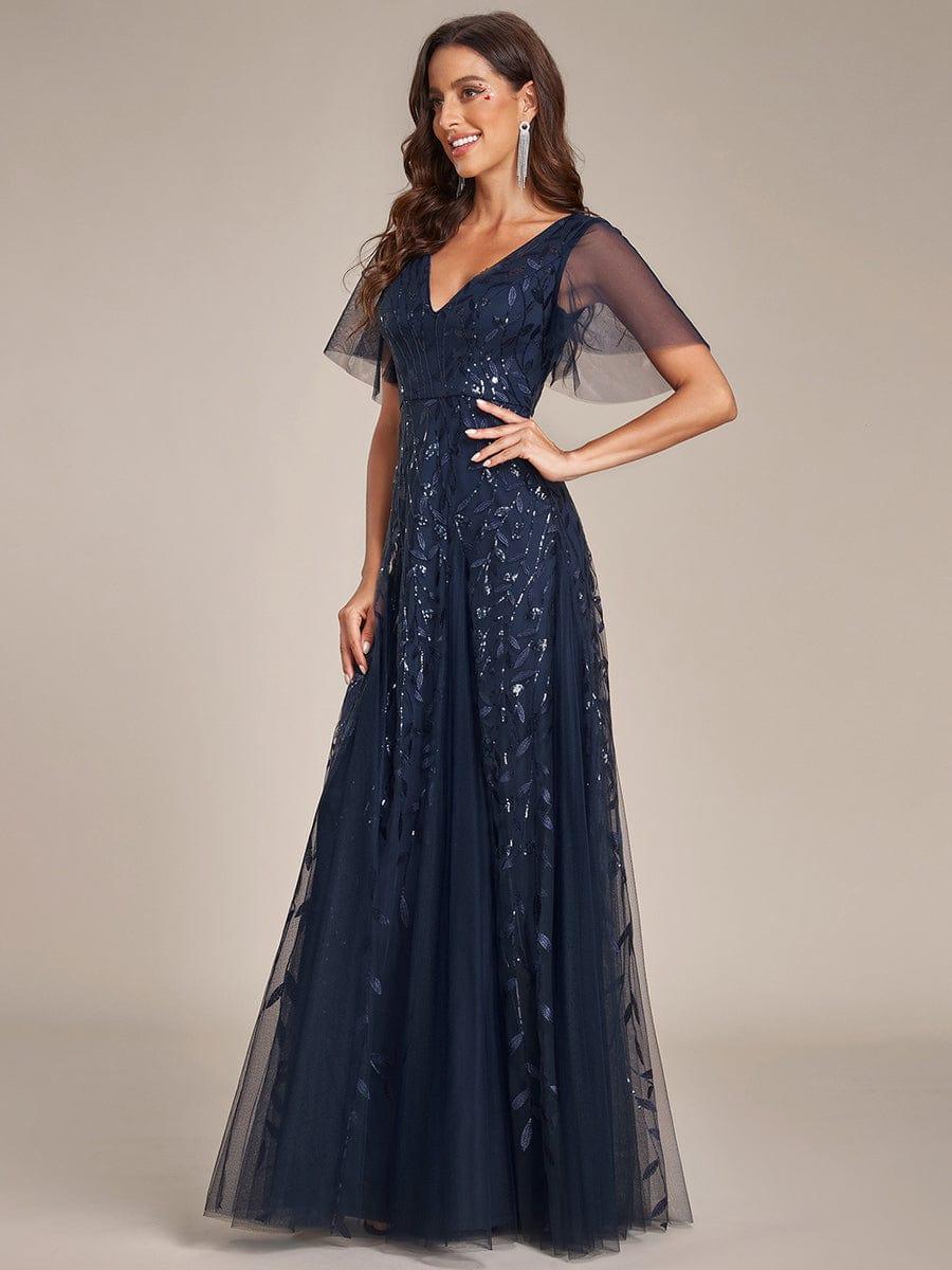 ASTRAL|Ruffle Sleeves Leaf Sequin Maxi Bridesmaid Dress