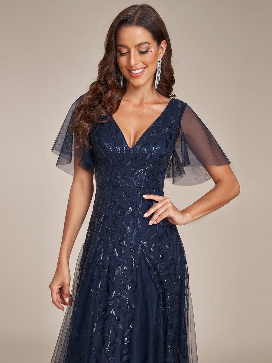 ASTRAL|Ruffle Sleeves Leaf Sequin Maxi Bridesmaid Dress