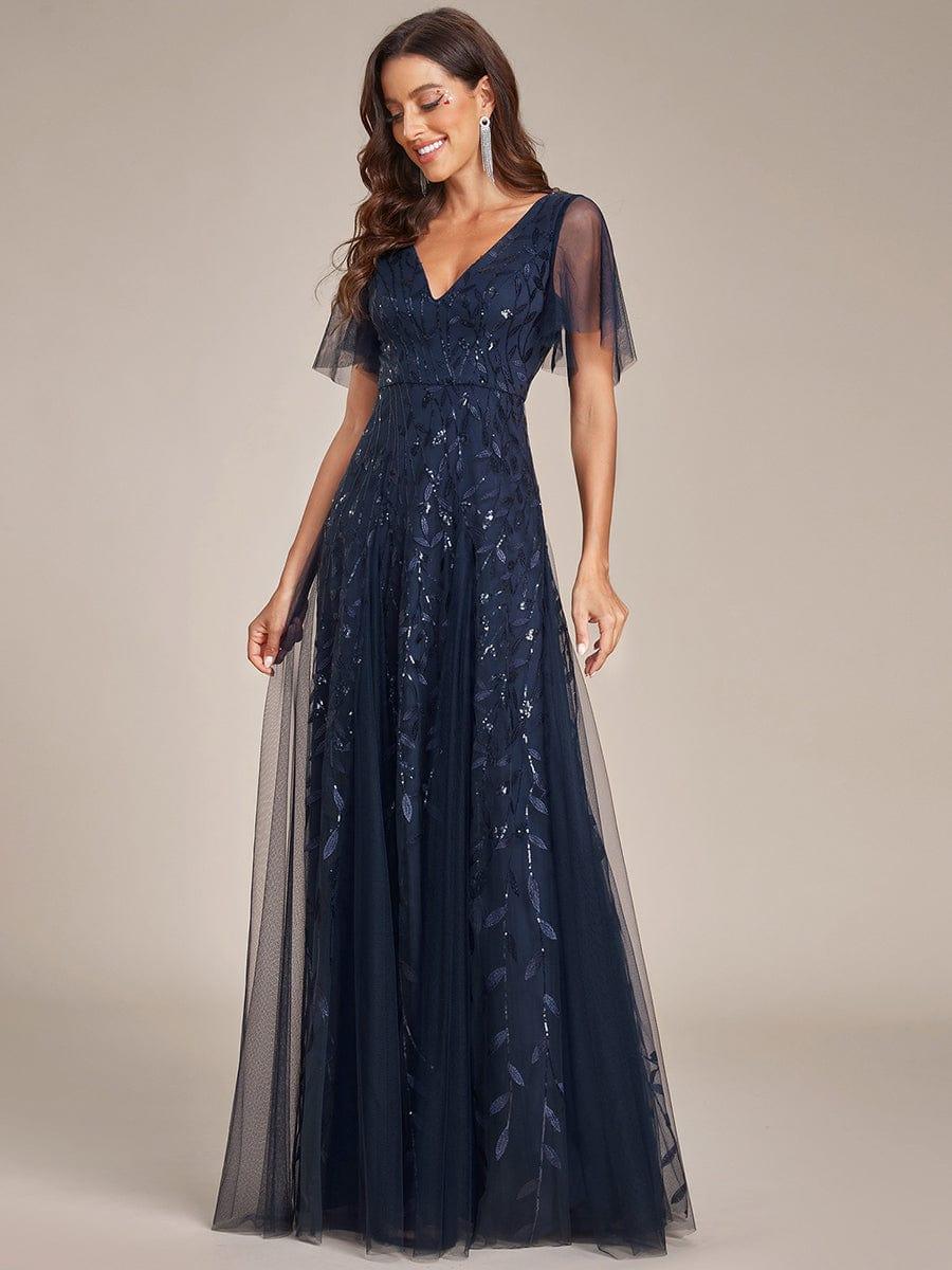 ASTRAL|Ruffle Sleeves Leaf Sequin Maxi Bridesmaid Dress
