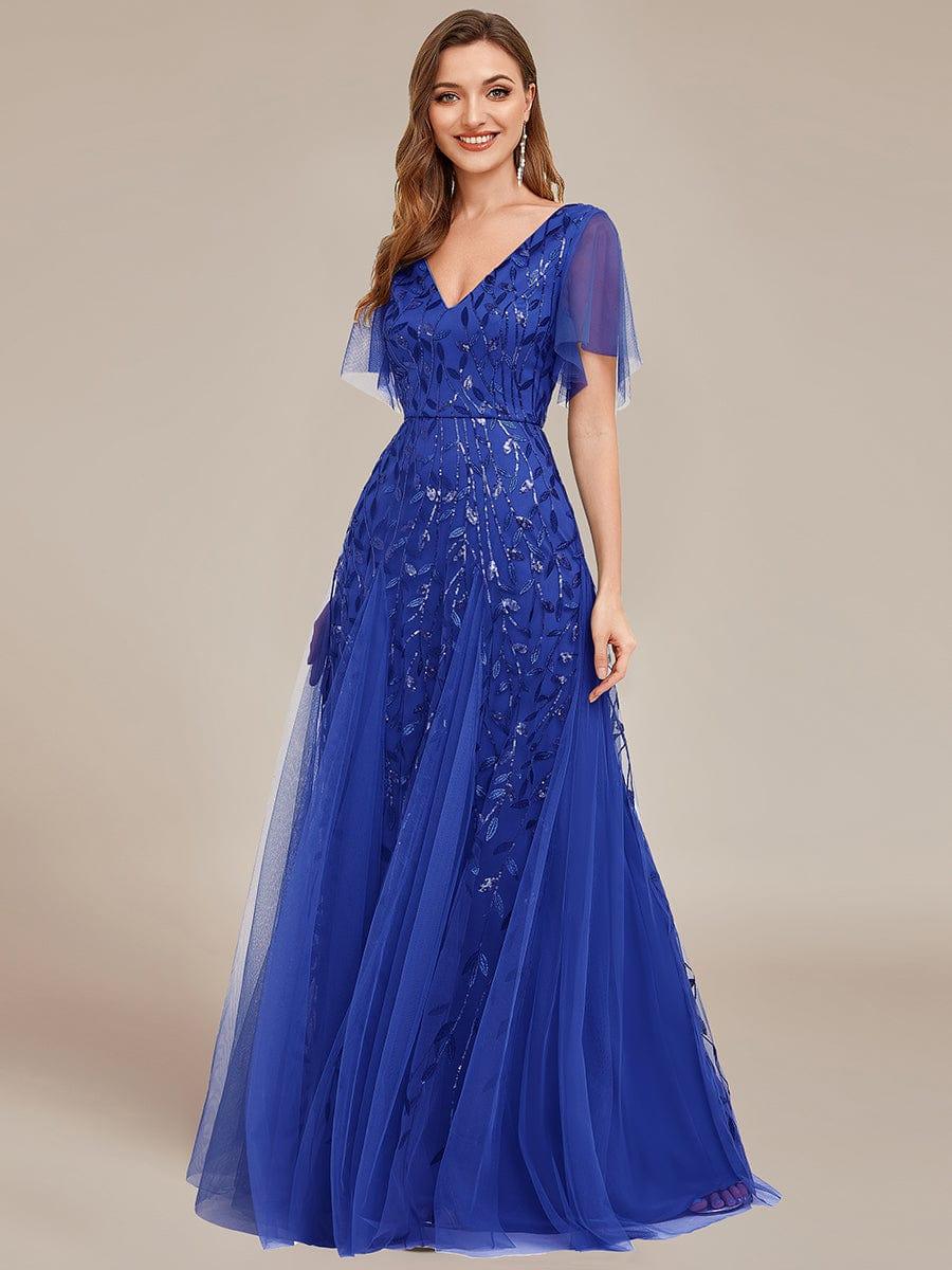 ASTRAL|Ruffle Sleeves Leaf Sequin Maxi Bridesmaid Dress