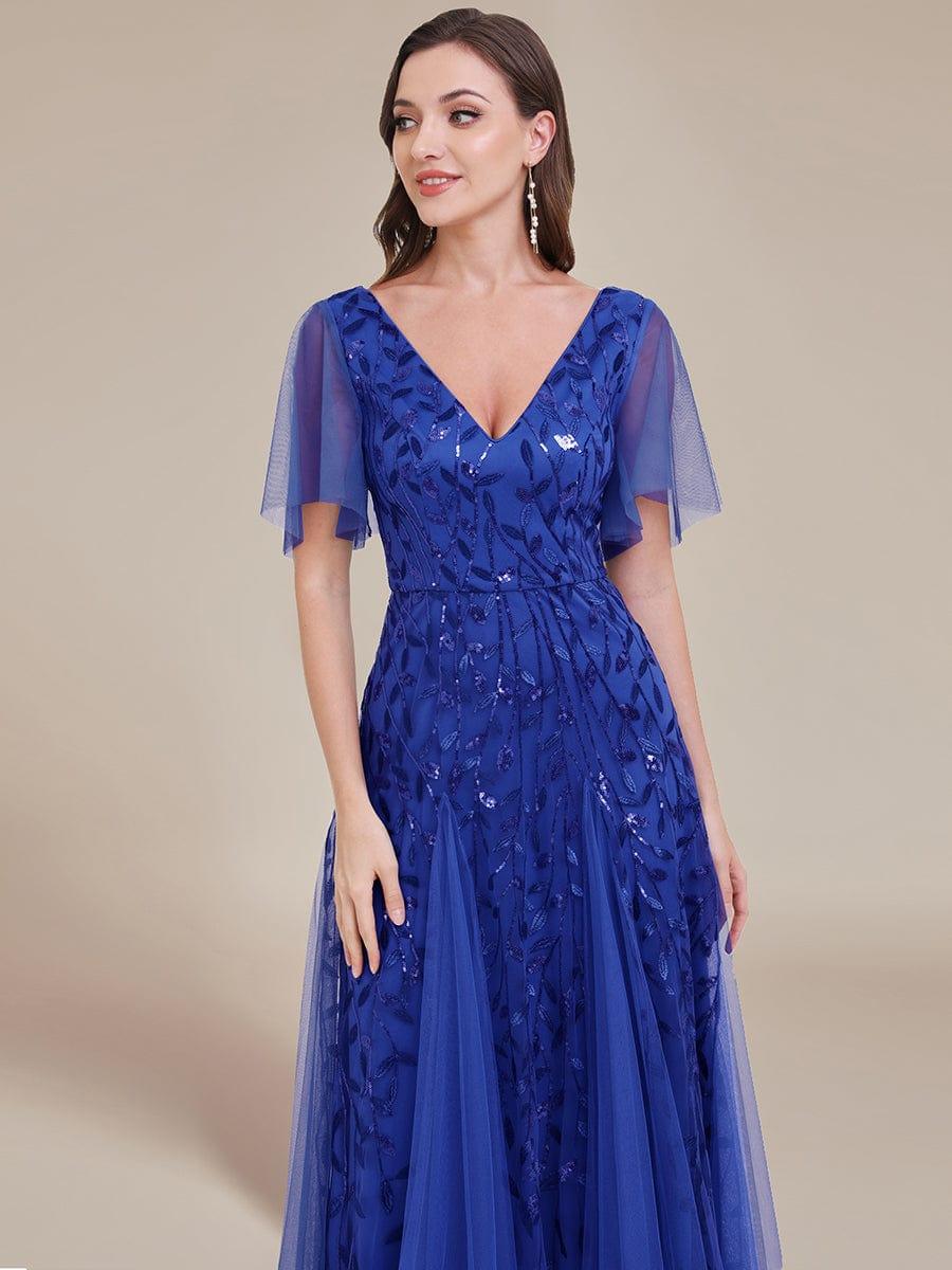 ASTRAL|Ruffle Sleeves Leaf Sequin Maxi Bridesmaid Dress