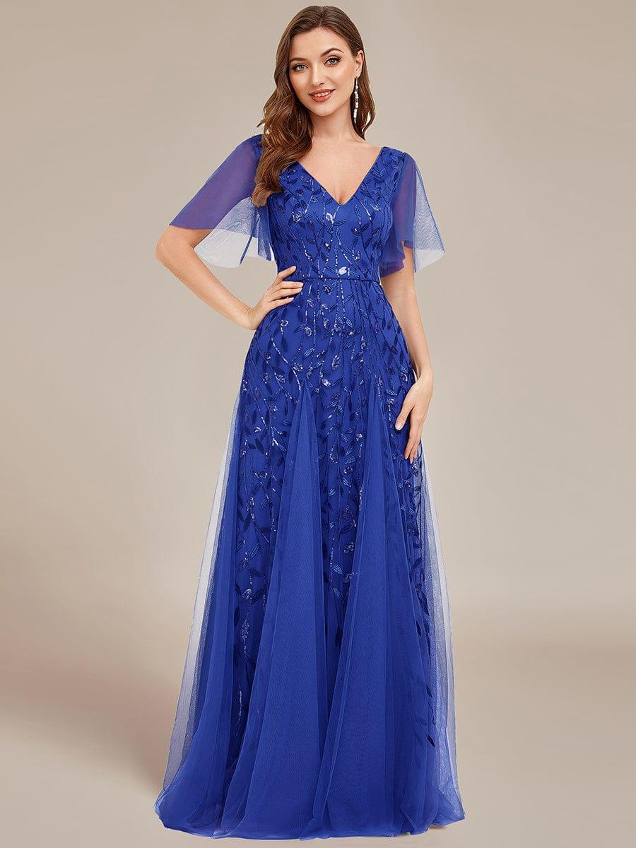 ASTRAL|Ruffle Sleeves Leaf Sequin Maxi Bridesmaid Dress