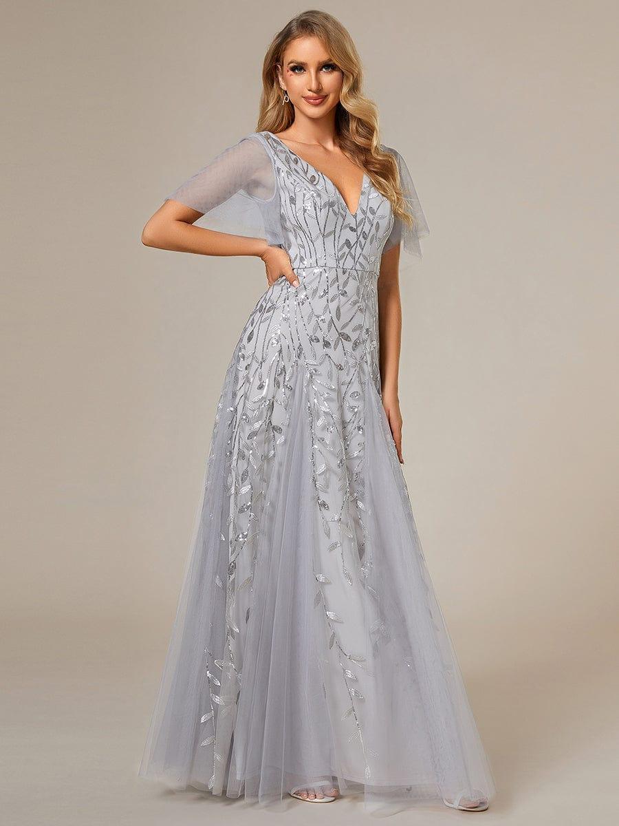 ASTRAL|Ruffle Sleeves Leaf Sequin Maxi Bridesmaid Dress