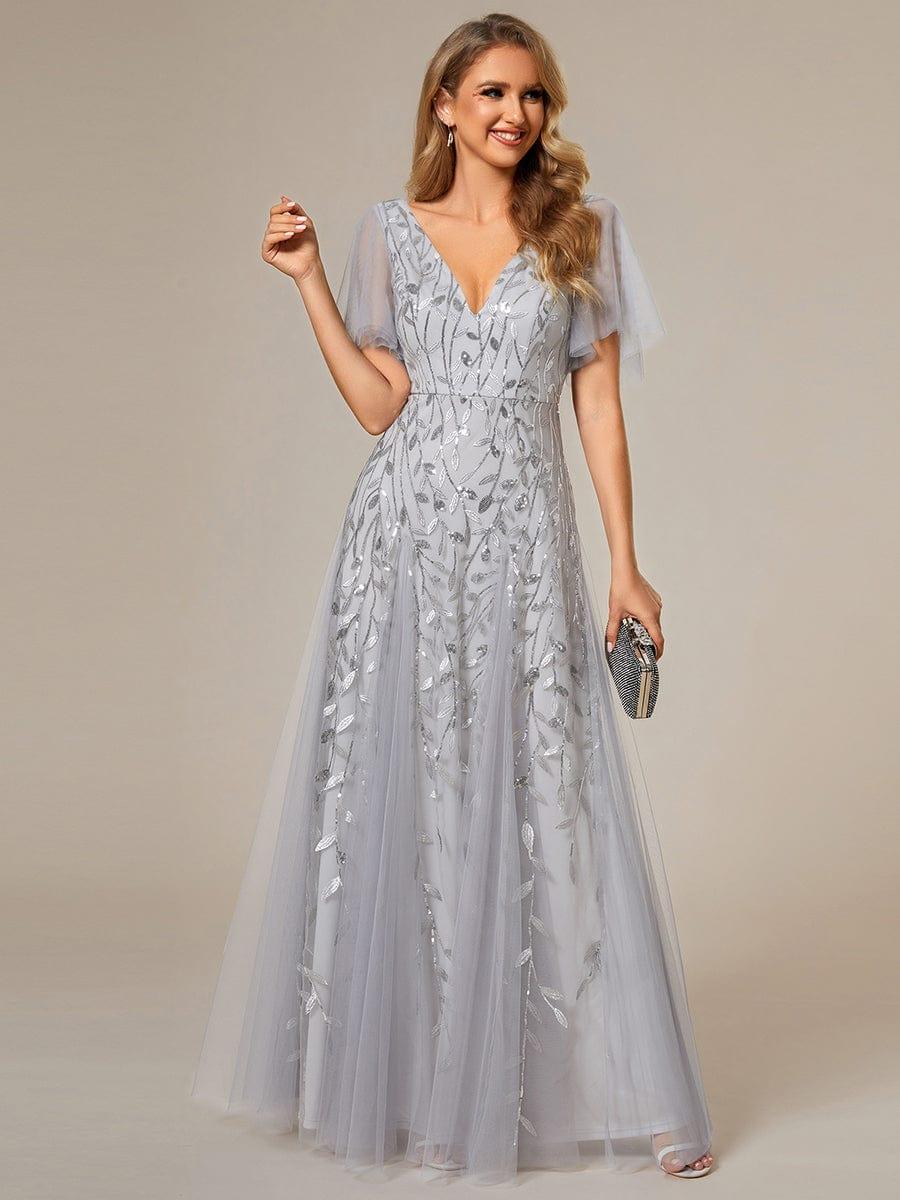 ASTRAL|Ruffle Sleeves Leaf Sequin Maxi Bridesmaid Dress