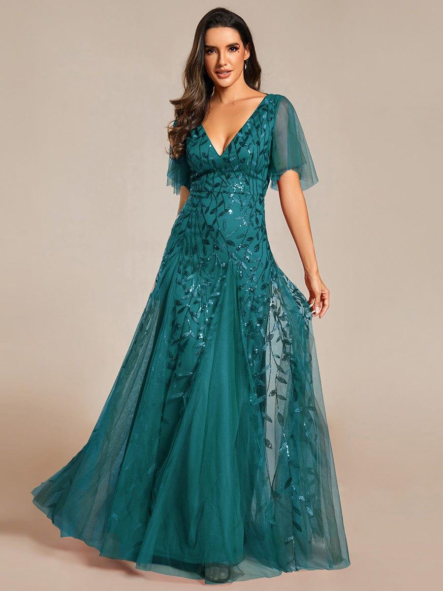 ASTRAL|Ruffle Sleeves Leaf Sequin Maxi Bridesmaid Dress