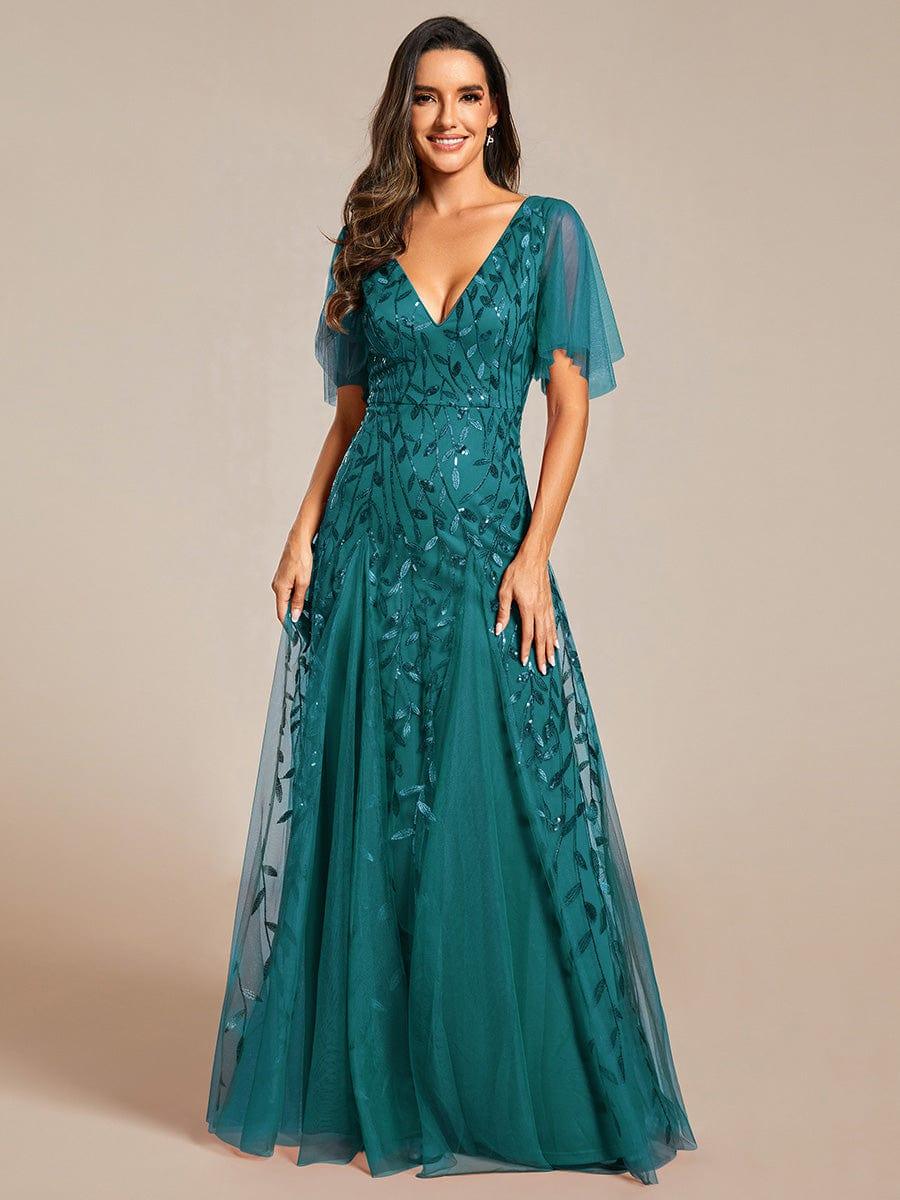ASTRAL|Ruffle Sleeves Leaf Sequin Maxi Bridesmaid Dress