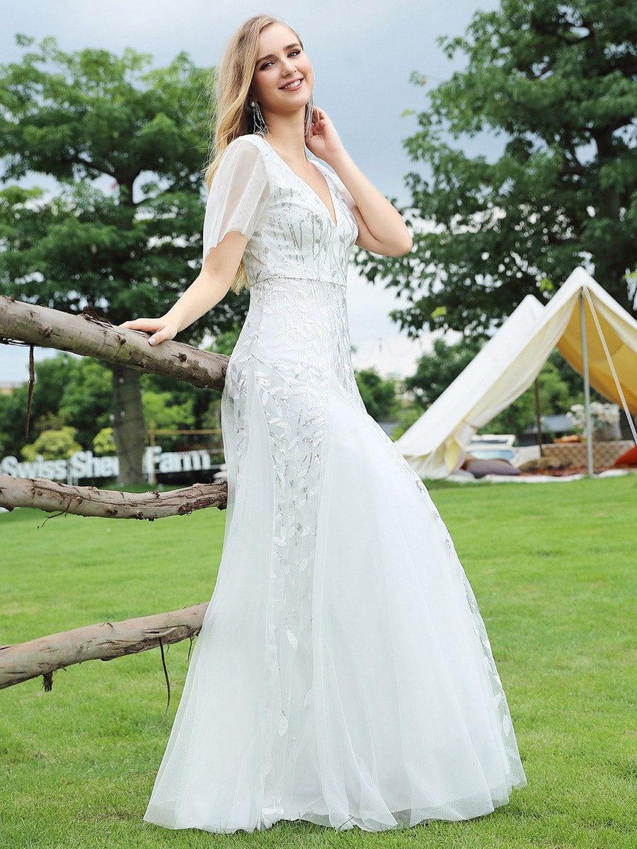 ASTRAL|Ruffle Sleeves Leaf Sequin Maxi Bridesmaid Dress