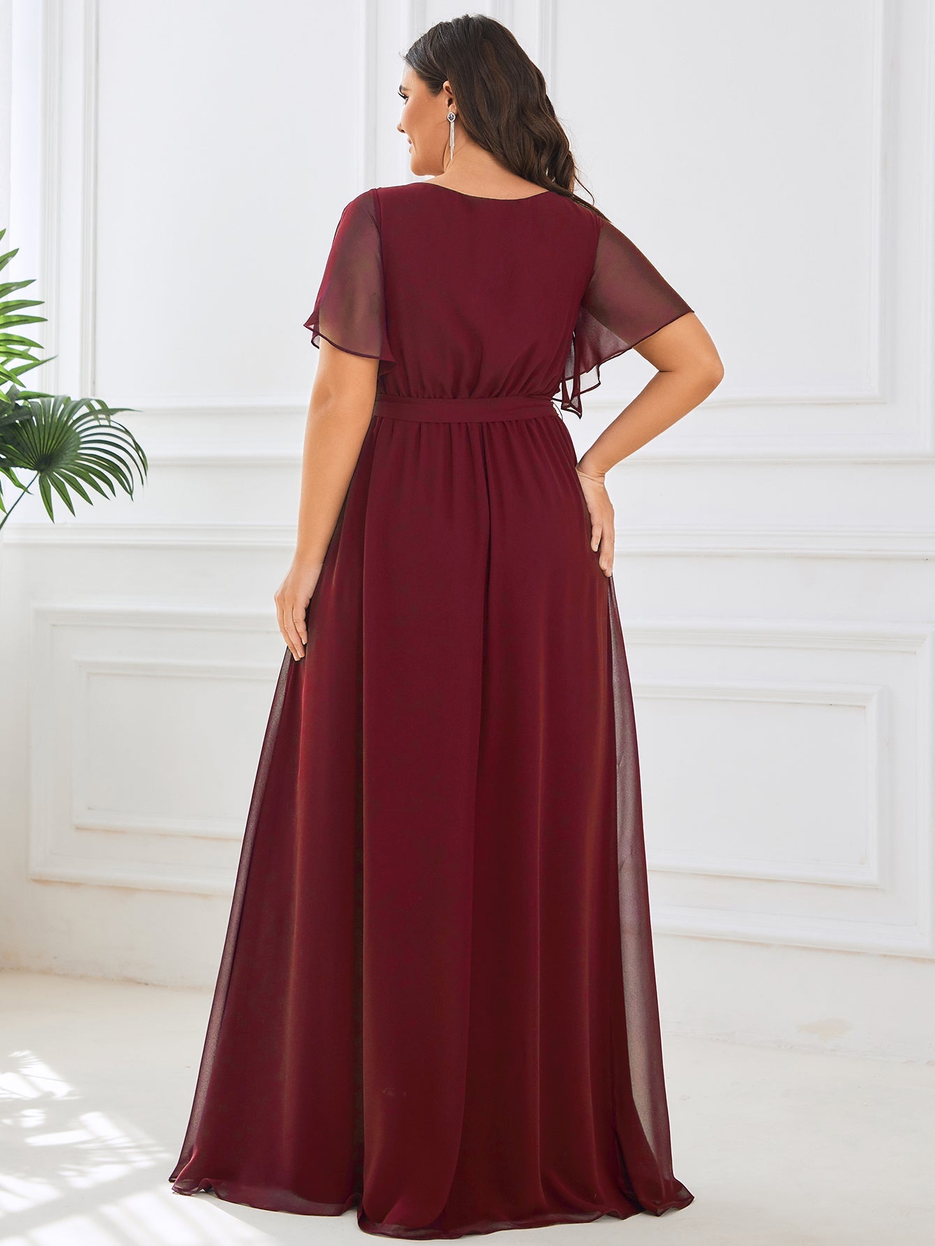 pretty LEORA|Plus Size Pleated Tie-Waist Chiffon Bridesmaid Dress