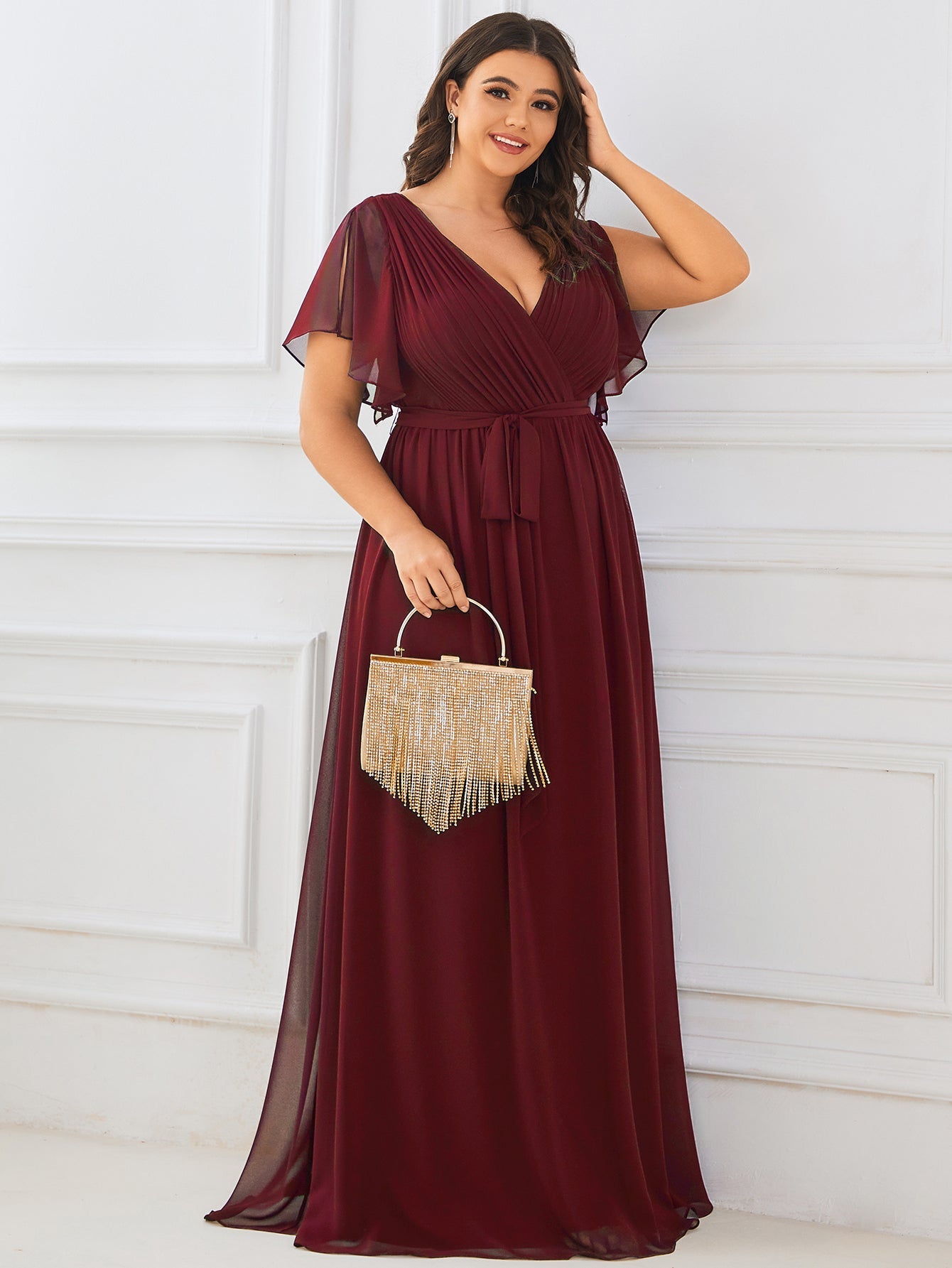 pretty LEORA|Plus Size Pleated Tie-Waist Chiffon Bridesmaid Dress