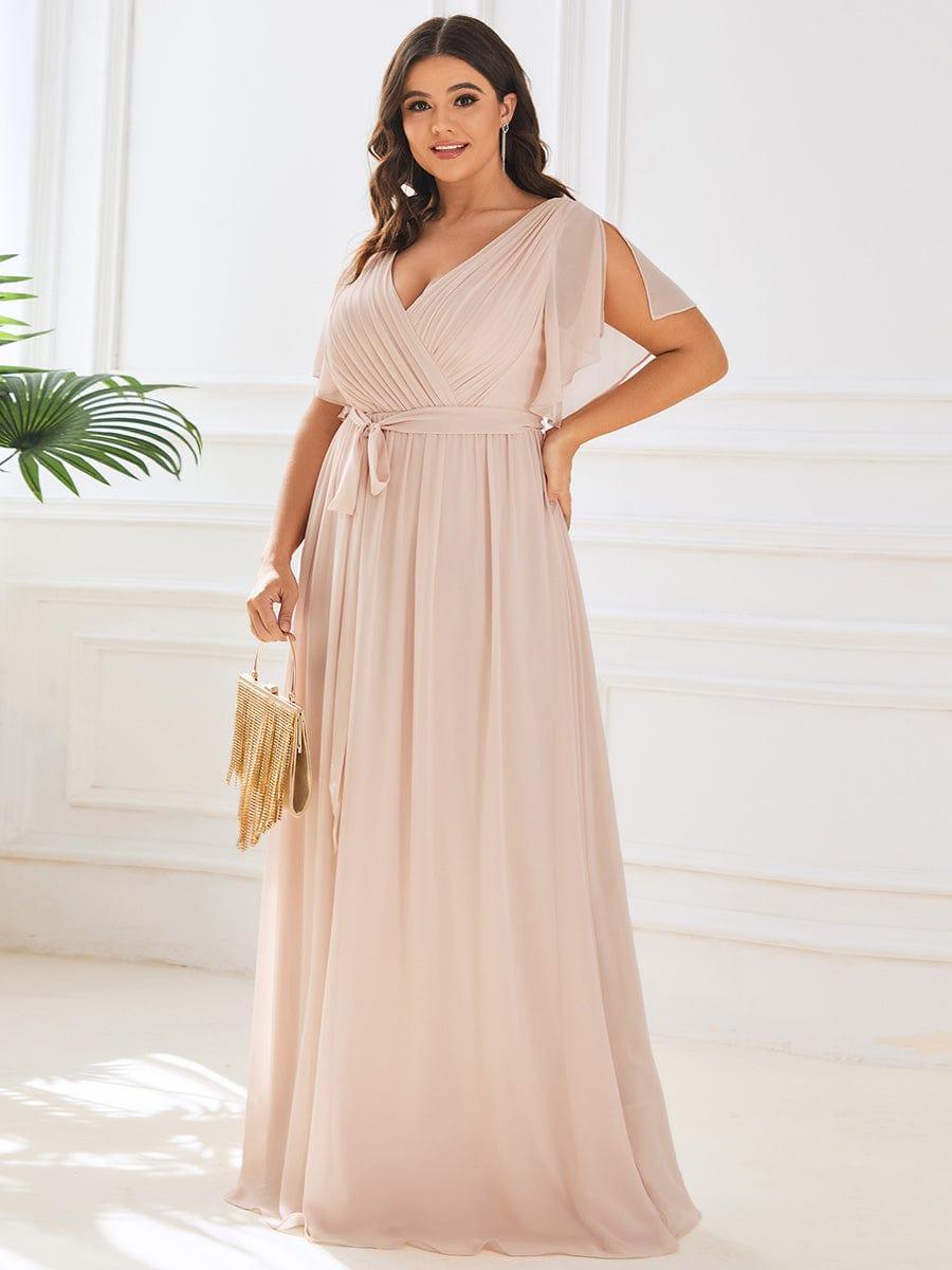 pretty LEORA|Plus Size Pleated Tie-Waist Chiffon Bridesmaid Dress