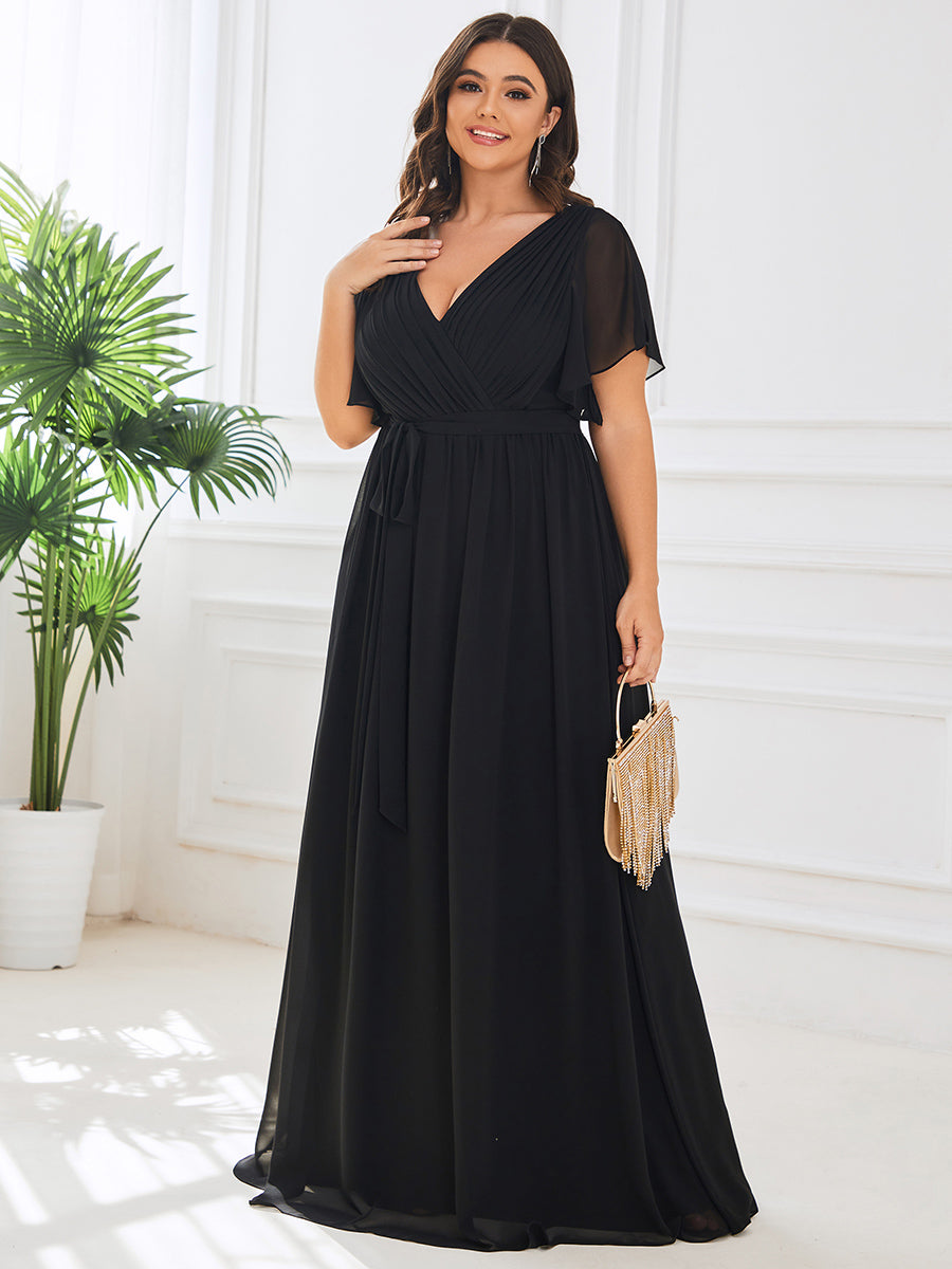 pretty LEORA|Plus Size Pleated Tie-Waist Chiffon Bridesmaid Dress