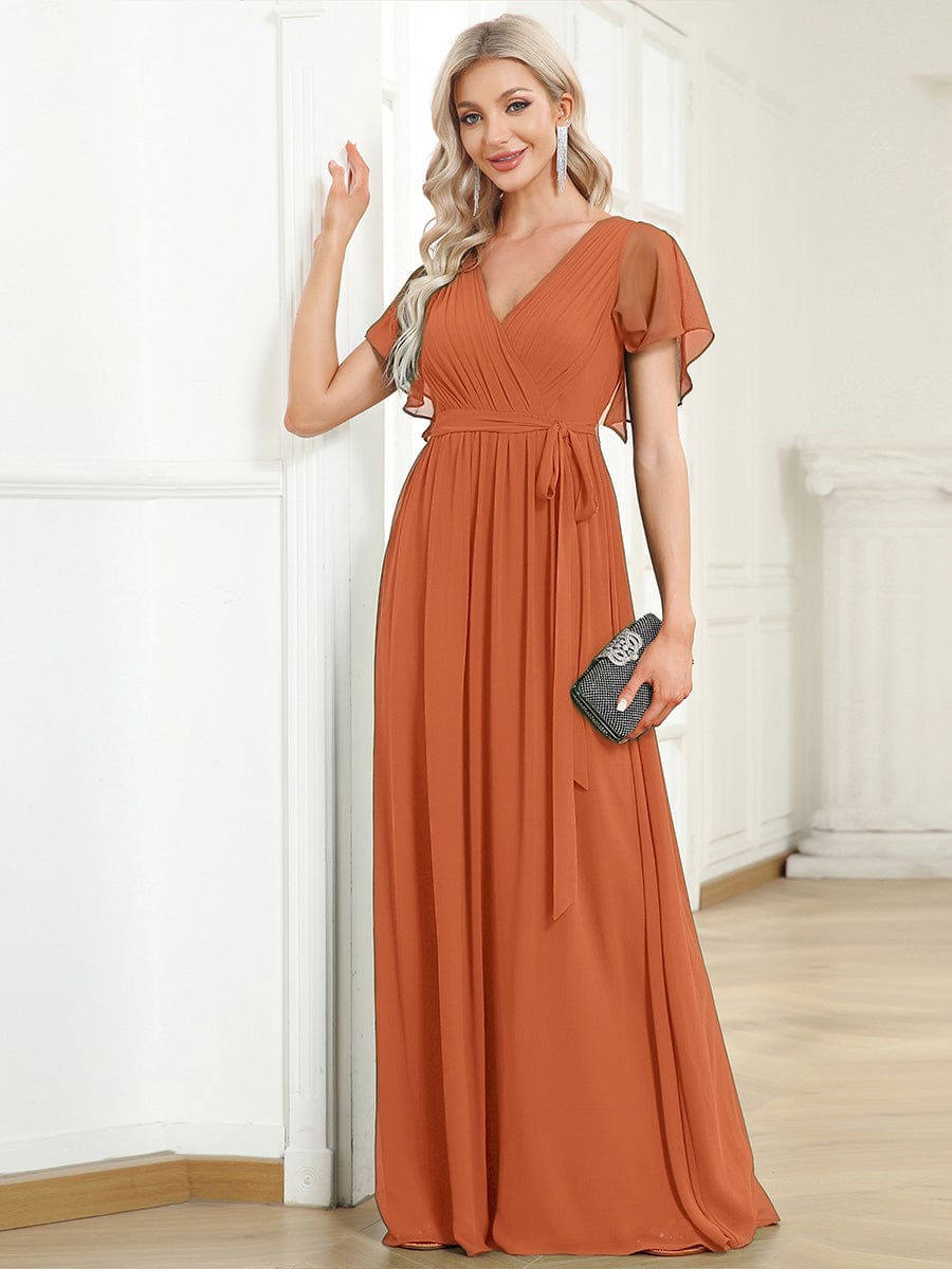 LEORA|Flowy Pleated A-Line Chiffon Tie-Waist Bridesmaid Dress