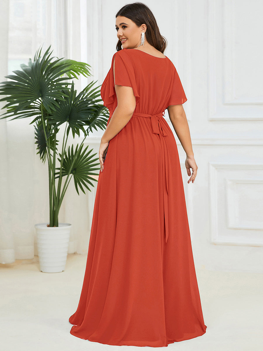 pretty LEORA|Plus Size Pleated Tie-Waist Chiffon Bridesmaid Dress