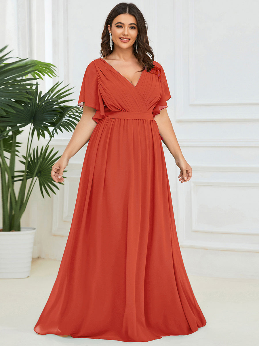 pretty LEORA|Plus Size Pleated Tie-Waist Chiffon Bridesmaid Dress