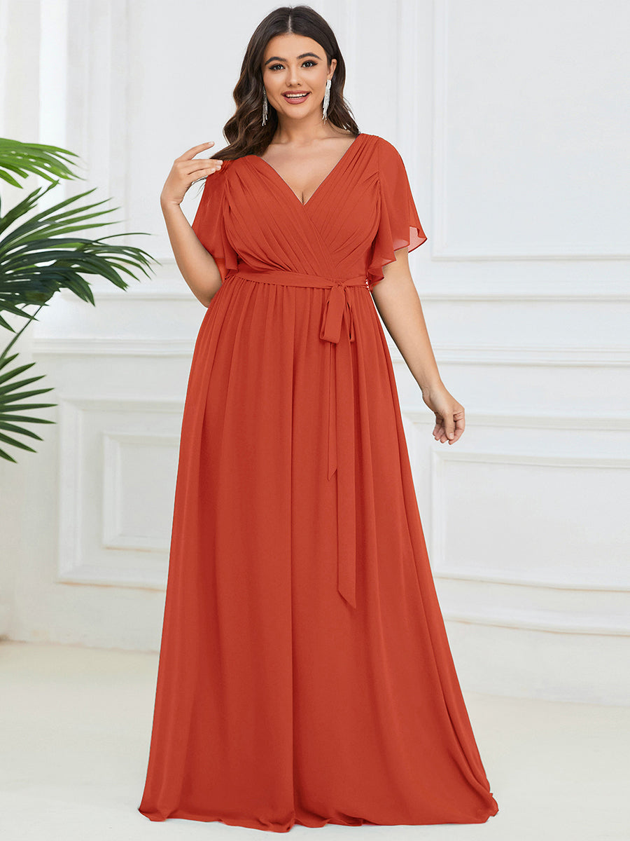 pretty LEORA|Plus Size Pleated Tie-Waist Chiffon Bridesmaid Dress