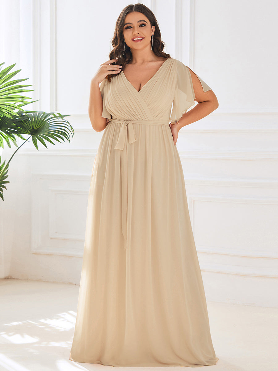 pretty LEORA|Plus Size Pleated Tie-Waist Chiffon Bridesmaid Dress