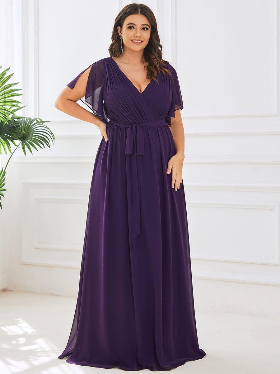 pretty LEORA|Plus Size Pleated Tie-Waist Chiffon Bridesmaid Dress