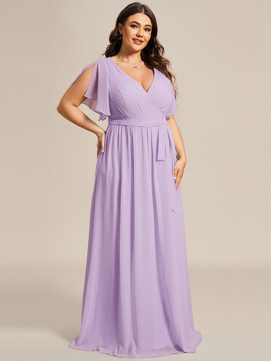 pretty LEORA|Plus Size Pleated Tie-Waist Chiffon Bridesmaid Dress