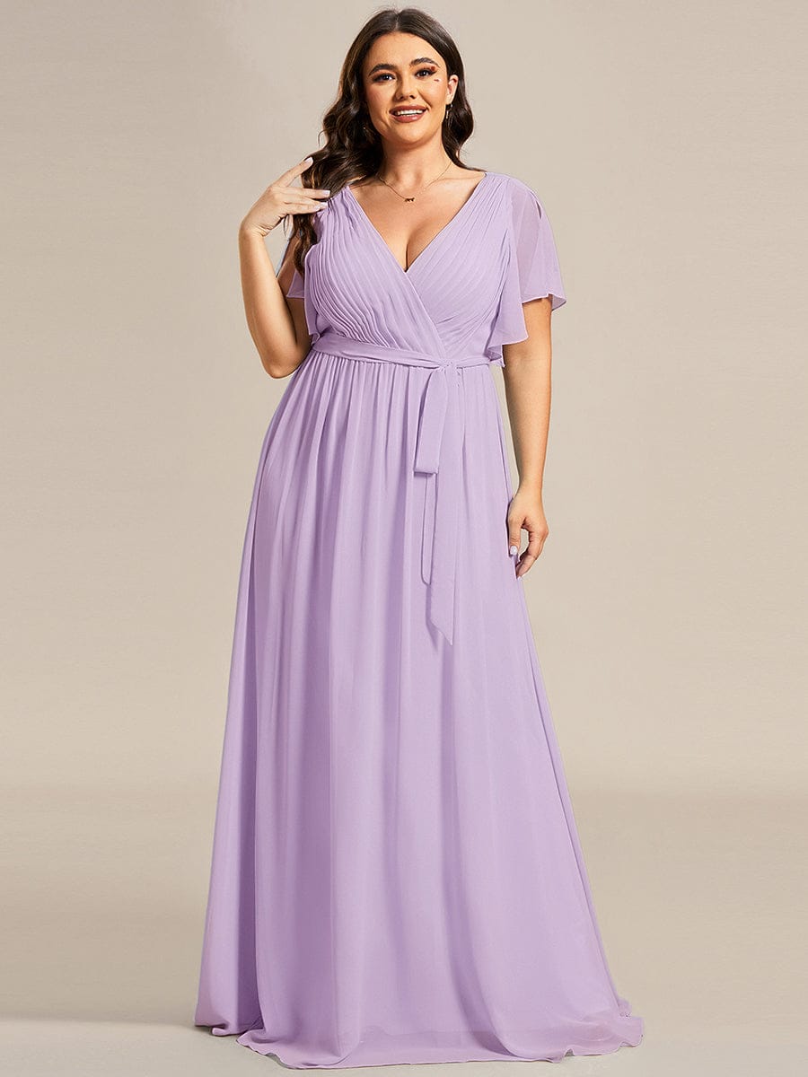 pretty LEORA|Plus Size Pleated Tie-Waist Chiffon Bridesmaid Dress