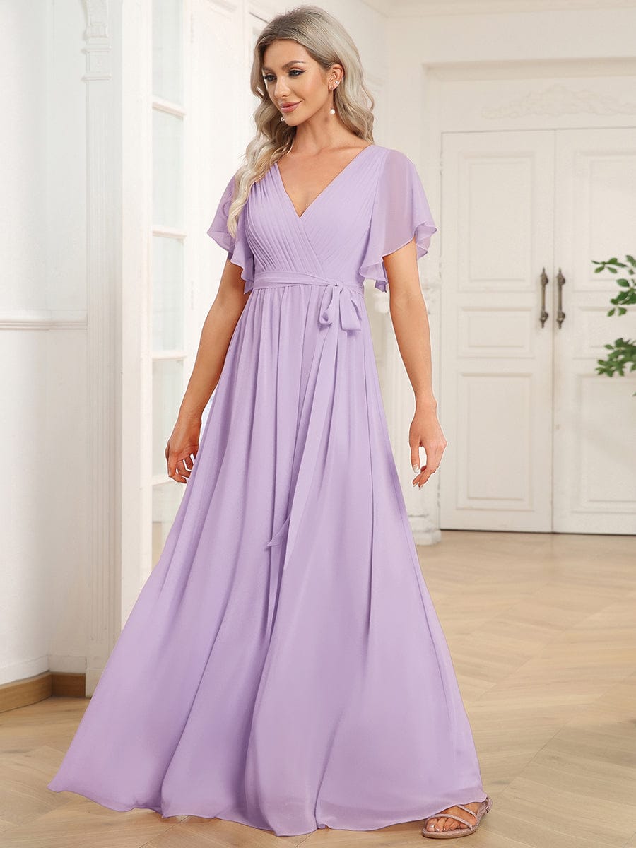 LEORA|A-Line Pleated Chiffon Tie-Waist Bridesmaid Dress