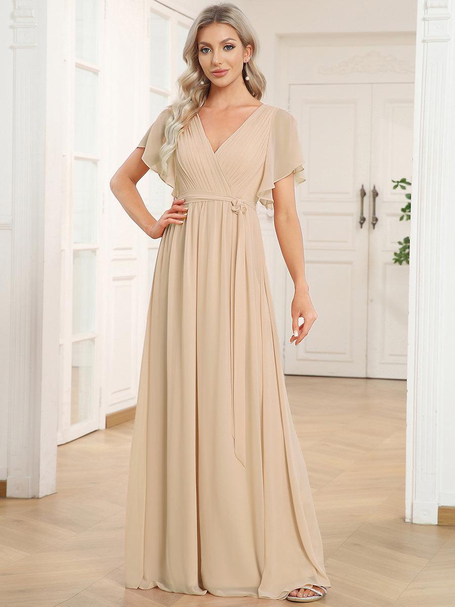 pretty LEORA|Plus Size Pleated Tie-Waist Chiffon Bridesmaid Dress