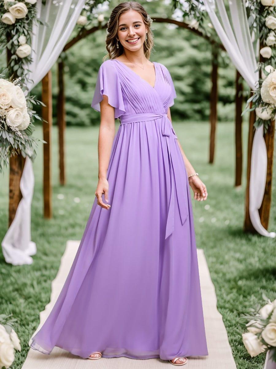 LEORA|Flowy Pleated A-Line Chiffon Tie-Waist Bridesmaid Dress