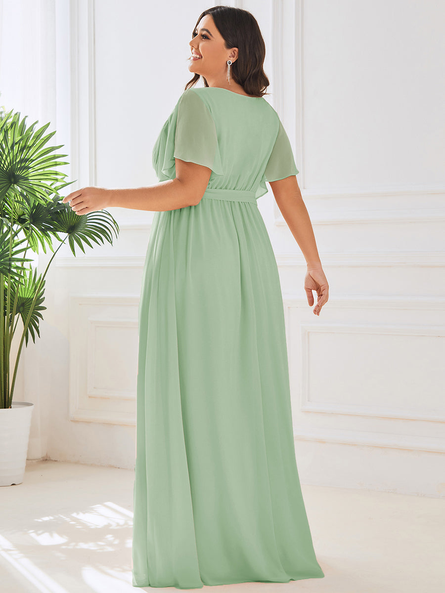 pretty LEORA|Plus Size Pleated Tie-Waist Chiffon Bridesmaid Dress