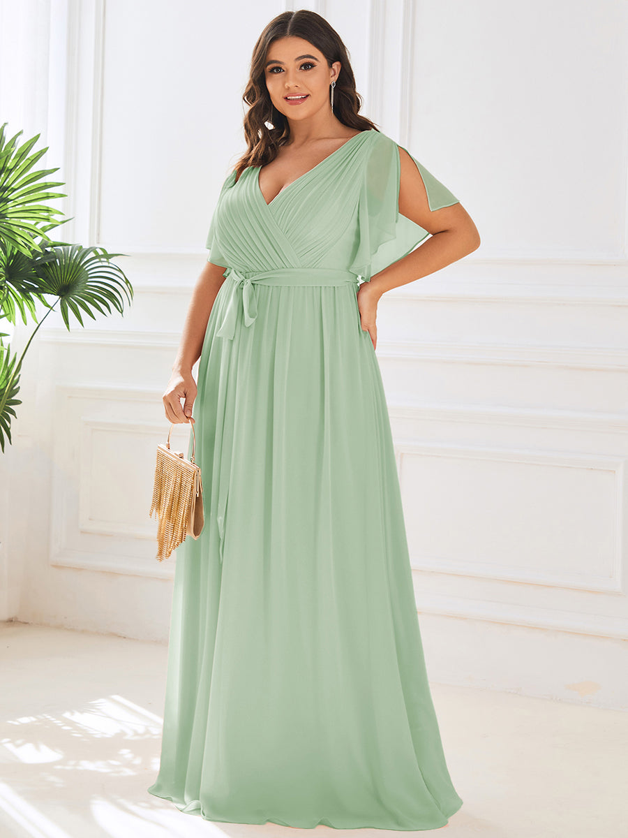 pretty LEORA|Plus Size Pleated Tie-Waist Chiffon Bridesmaid Dress