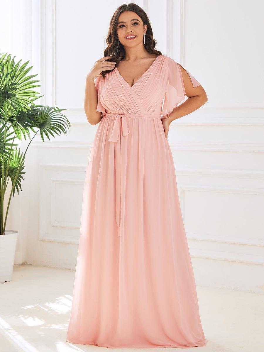 pretty LEORA|Plus Size Pleated Tie-Waist Chiffon Bridesmaid Dress