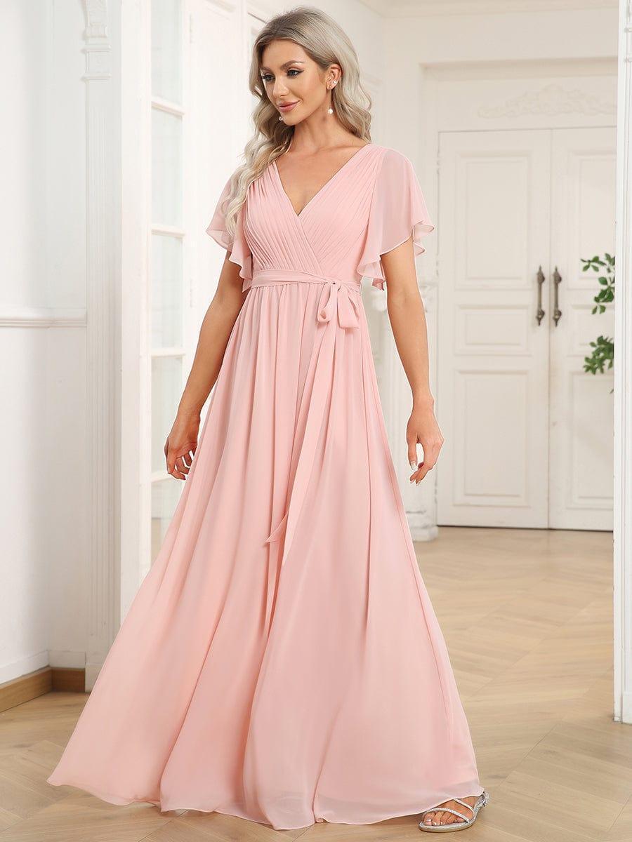 LEORA|Flowy Pleated A-Line Chiffon Tie-Waist Bridesmaid Dress