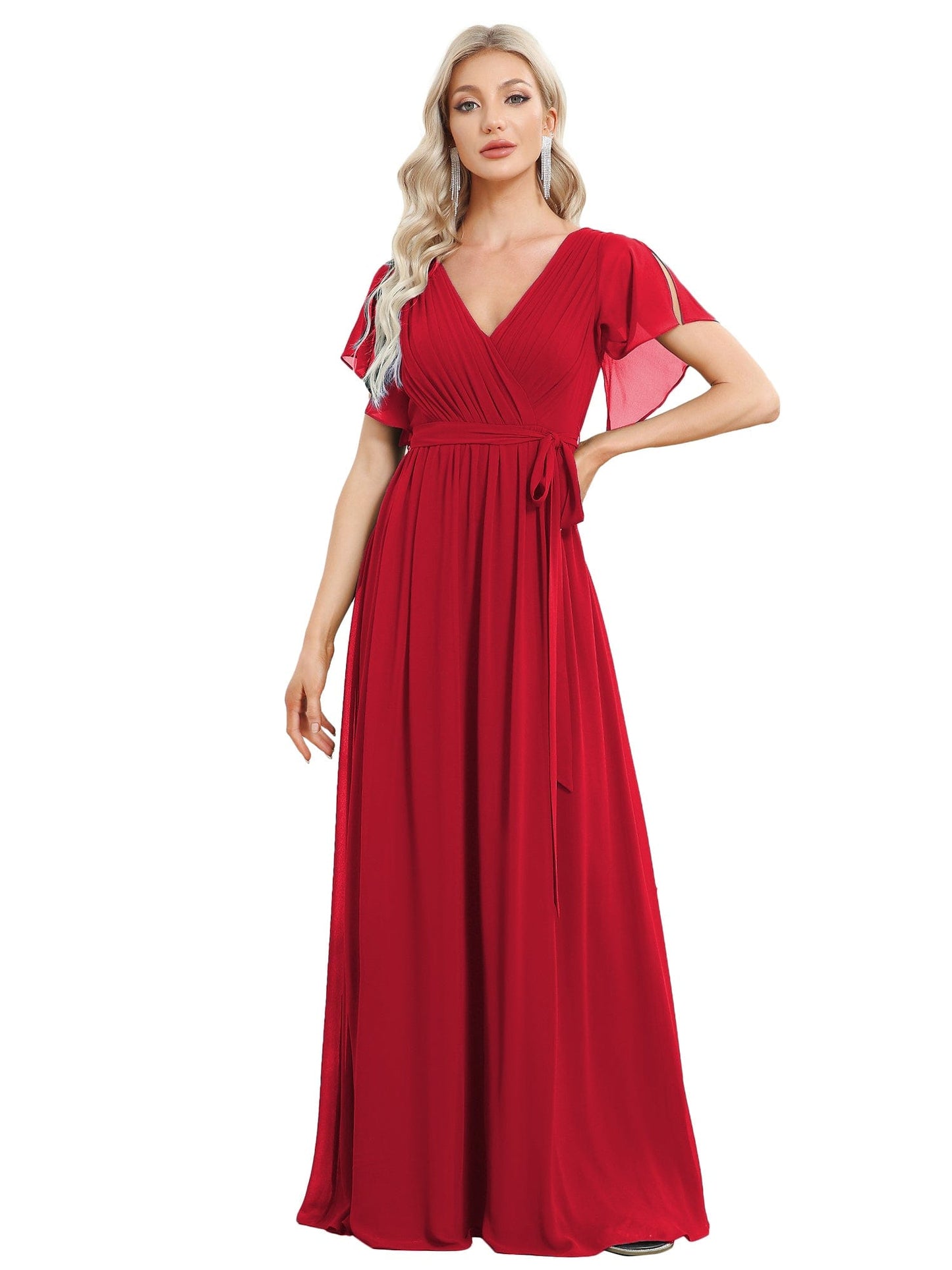 pretty LEORA|Plus Size Pleated Tie-Waist Chiffon Bridesmaid Dress