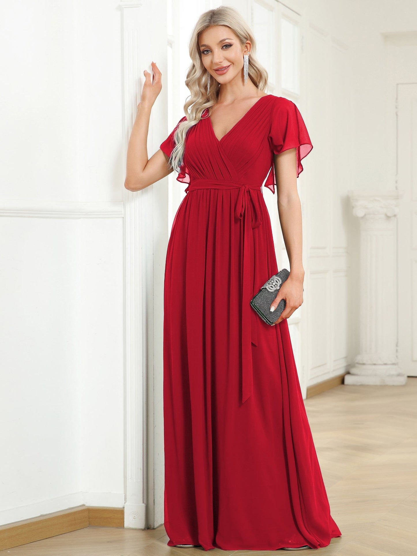 pretty LEORA|Plus Size Pleated Tie-Waist Chiffon Bridesmaid Dress