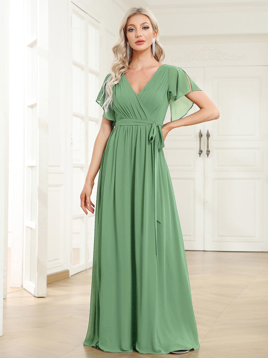 LEORA|A-Line Pleated Chiffon Tie-Waist Bridesmaid Dress