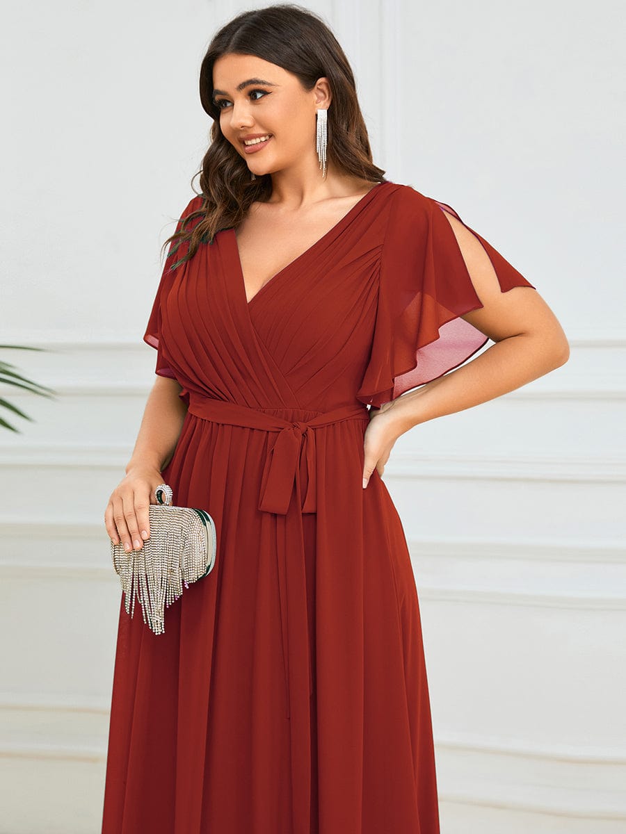 pretty LEORA|Plus Size Pleated Tie-Waist Chiffon Bridesmaid Dress