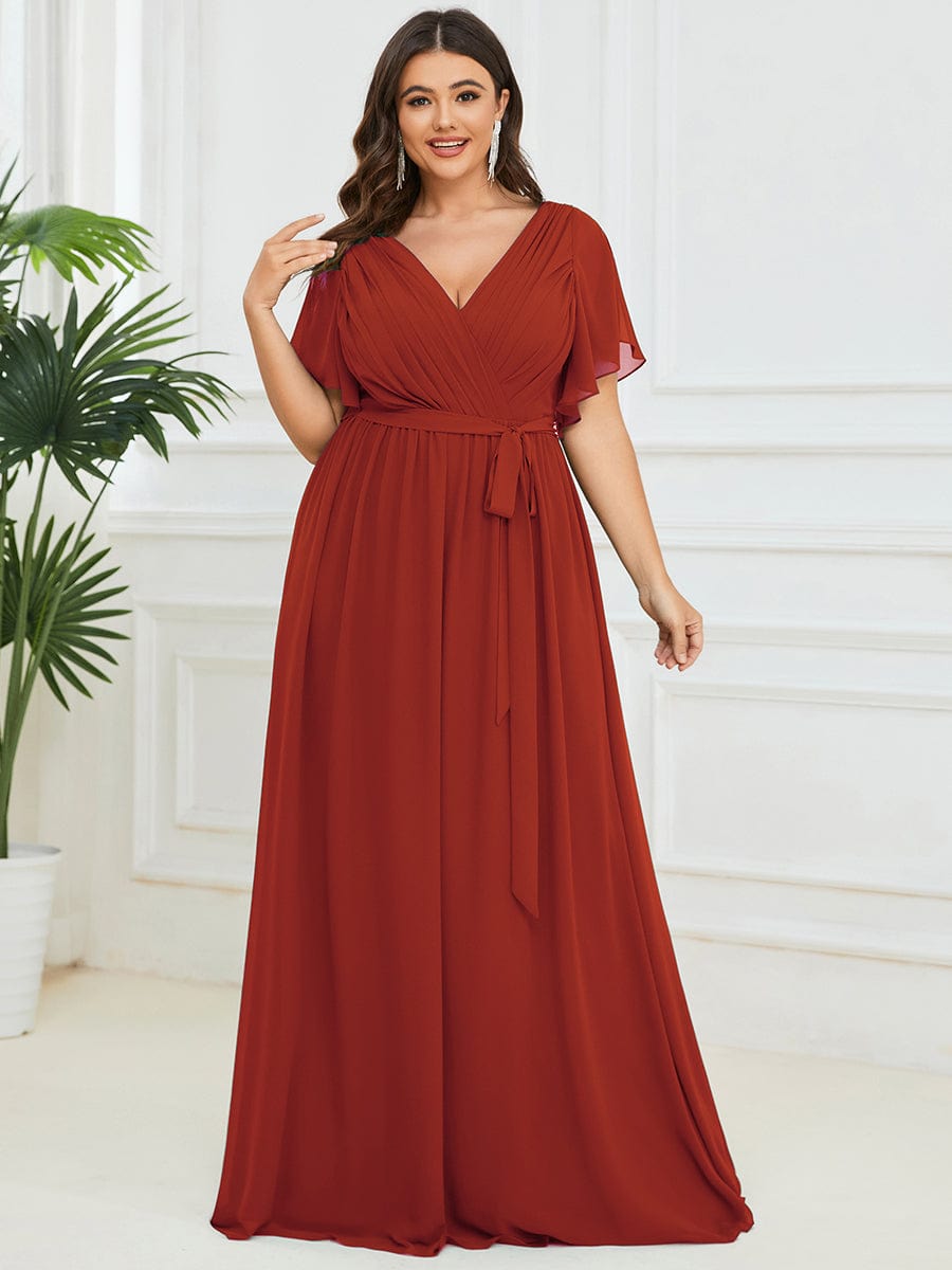 pretty LEORA|Plus Size Pleated Tie-Waist Chiffon Bridesmaid Dress