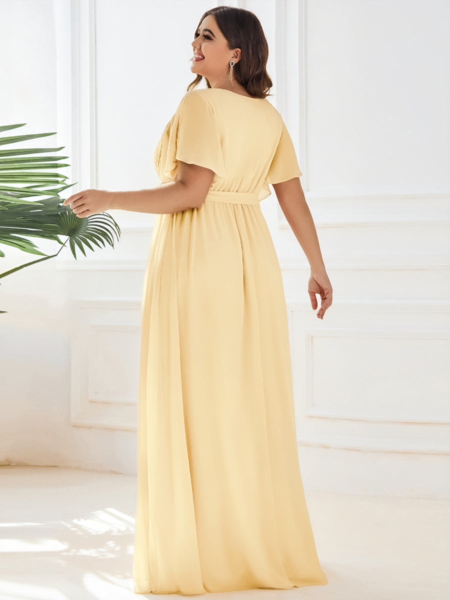 pretty LEORA|Plus Size Pleated Tie-Waist Chiffon Bridesmaid Dress