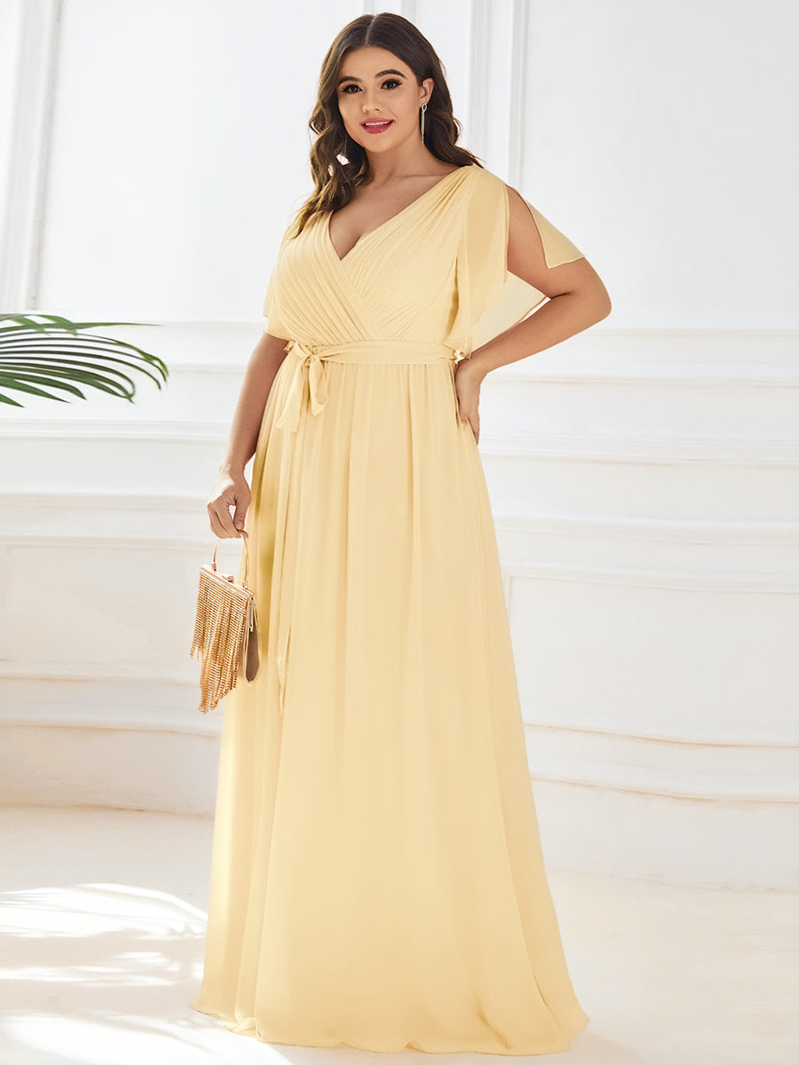 pretty LEORA|Plus Size Pleated Tie-Waist Chiffon Bridesmaid Dress
