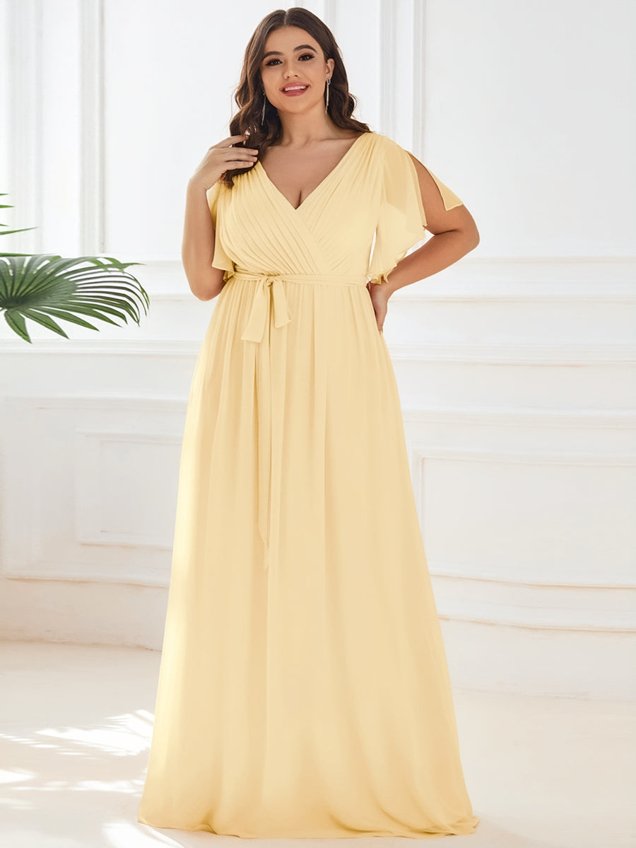 pretty LEORA|Plus Size Pleated Tie-Waist Chiffon Bridesmaid Dress
